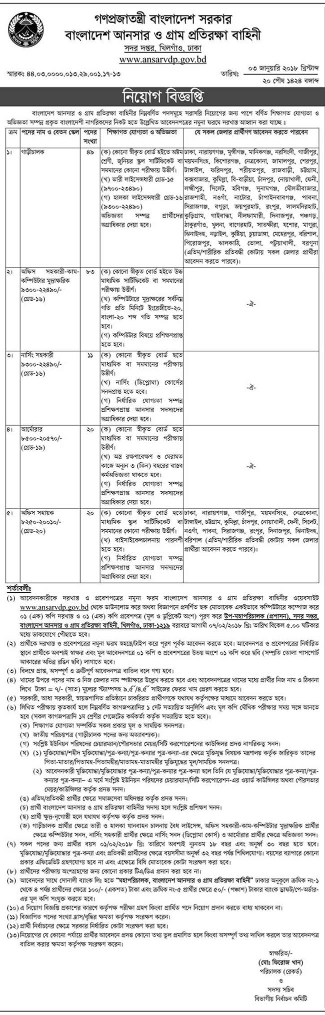 বাংলাদেশ আনসার ও গ্রাম প্রতিরক্ষা বাহিনীতে  নিয়োগ 
